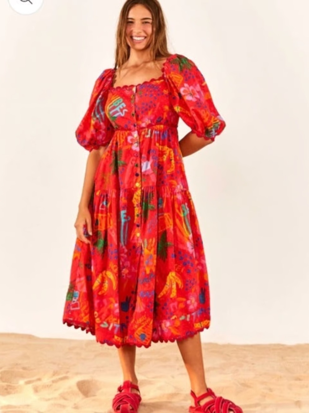 Farm Rio Good Vibes Red Puff-Sleeve Midi Dress sz S NWT